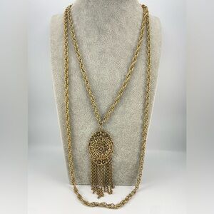 Vintage Gold-Tone Long Twisted Filigree Pendant Necklace with Tassel Fringe